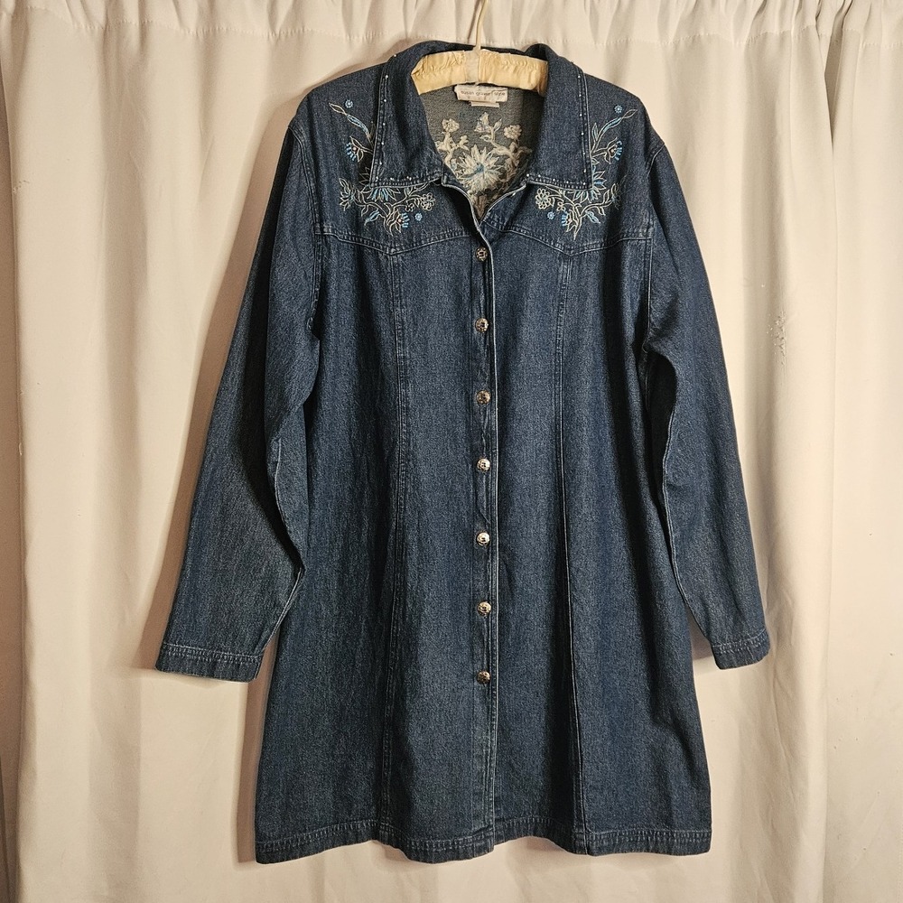 Vintage Susan Graver Style Denim Long Jacket Shirt Dress Western‎ 1X Embroidered
